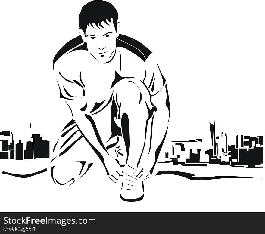 Black and white illustration. Young man is running in city. Yuong man is making pause.