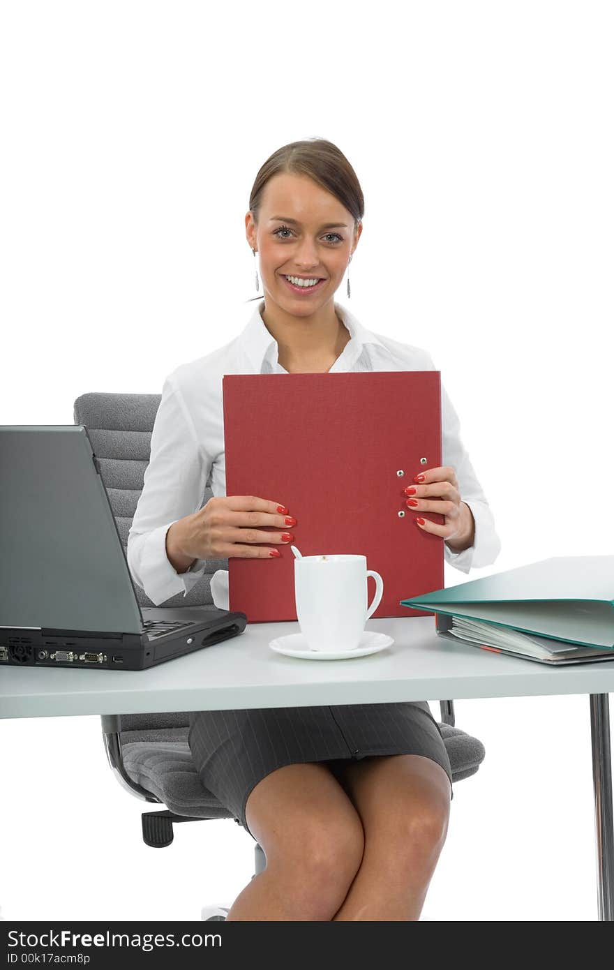 Business woman and laptop on white background