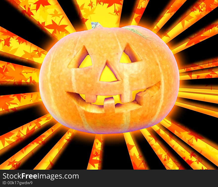 Autumn Halloween pumpkin. Front light, scary smiling, autumn leaves background. Autumn Halloween pumpkin. Front light, scary smiling, autumn leaves background.