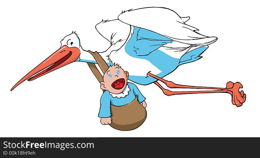 Stork carrying a baby, original illustration