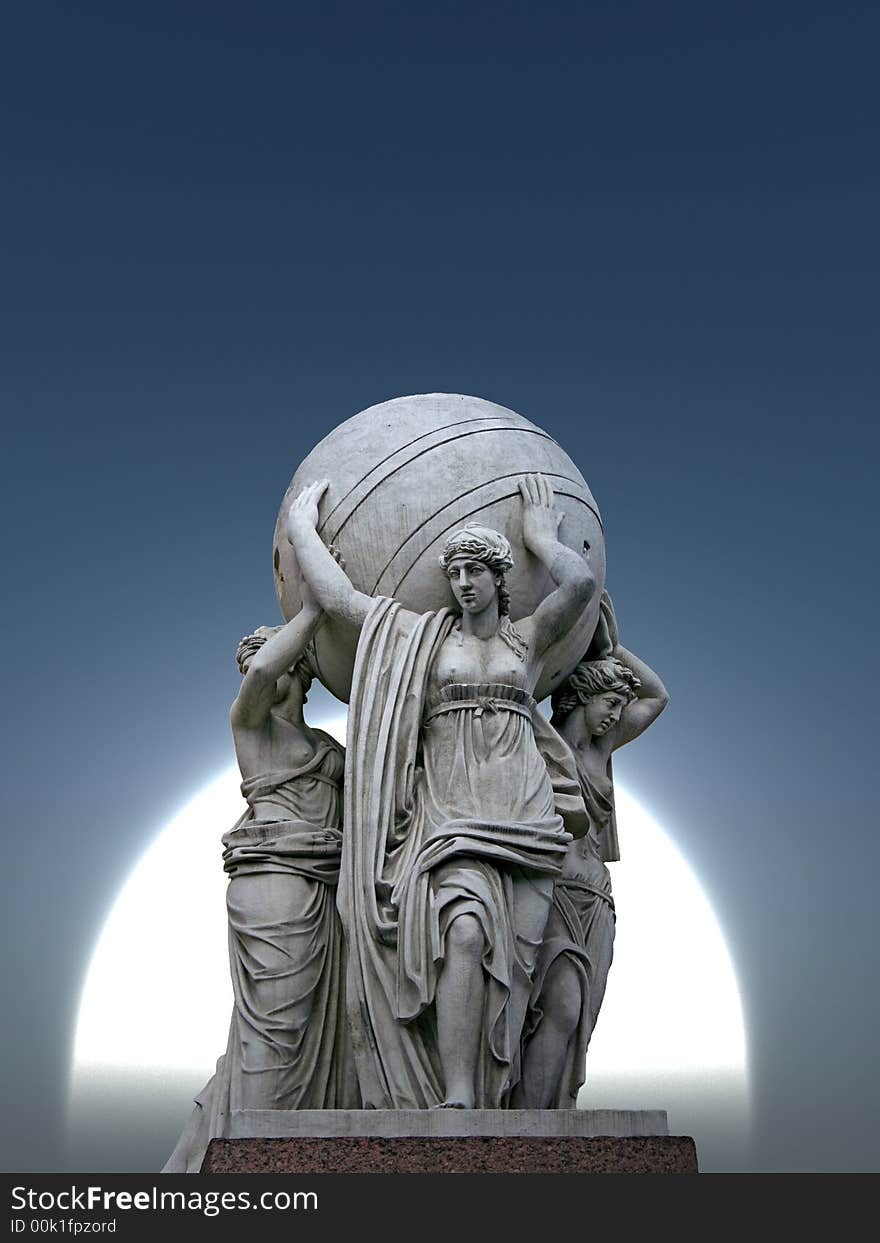 Allegorical statues about admiralty on a full moon  background. St.Petersburg , Russia