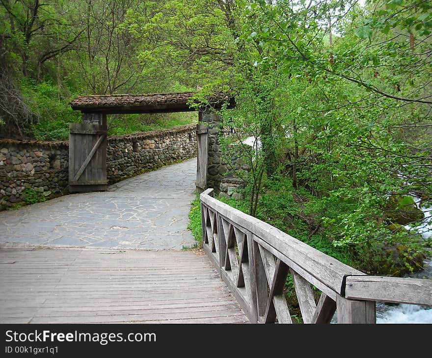 Gate, old, mountain, river, architecture. Gate, old, mountain, river, architecture