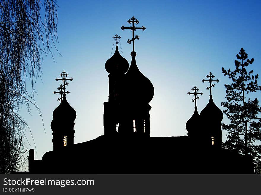 Silhouette of orthodox church. Cupolas.