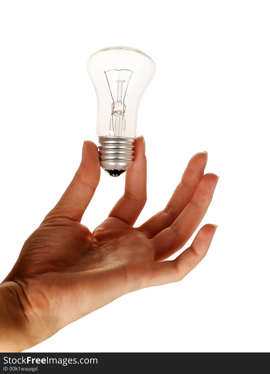 Bulb in woman`s hand on white background