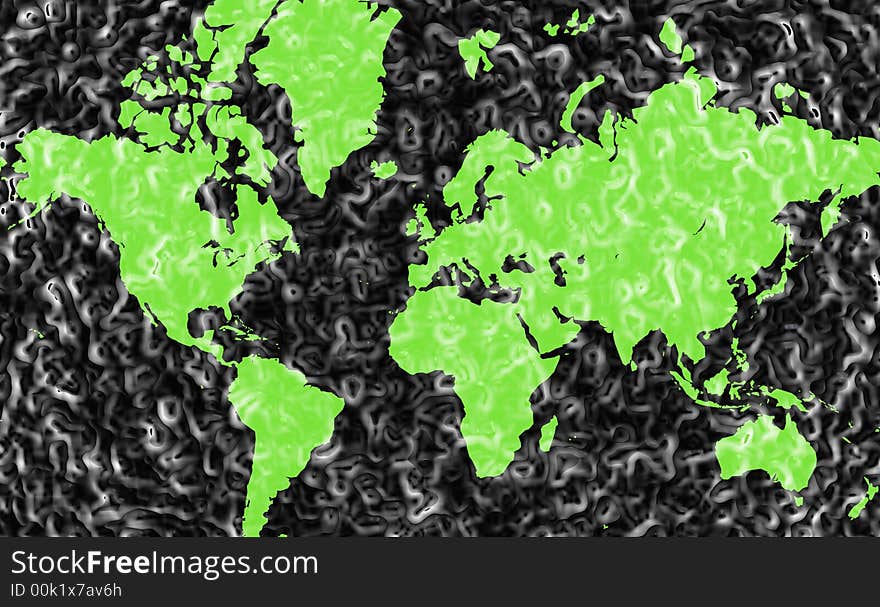 An abstract map of the world with a frosted green appearance. An abstract map of the world with a frosted green appearance.