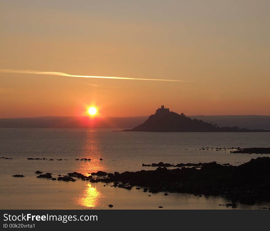 Sunset over sea in Cornwall