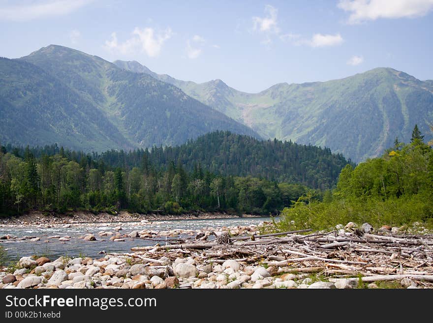 View of mountain river Snezhnaya (Sayan's mountain range)