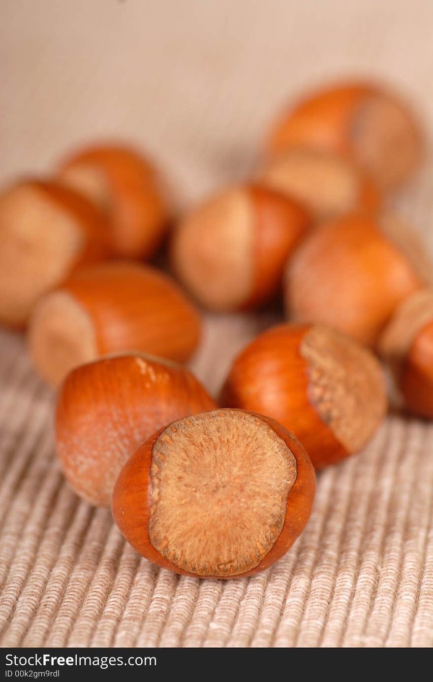 Several fresh whole hazelnuts resting on a table