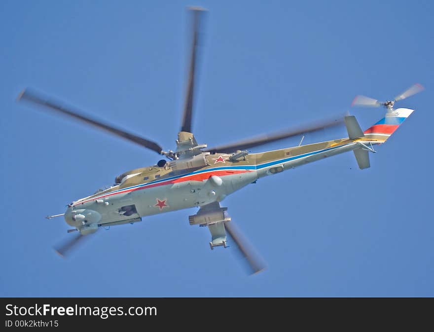 MI-24 combat helicopter. Fly-past at 95th anniversary of Russian Air Force. 11 August 2007. MI-24 combat helicopter. Fly-past at 95th anniversary of Russian Air Force. 11 August 2007