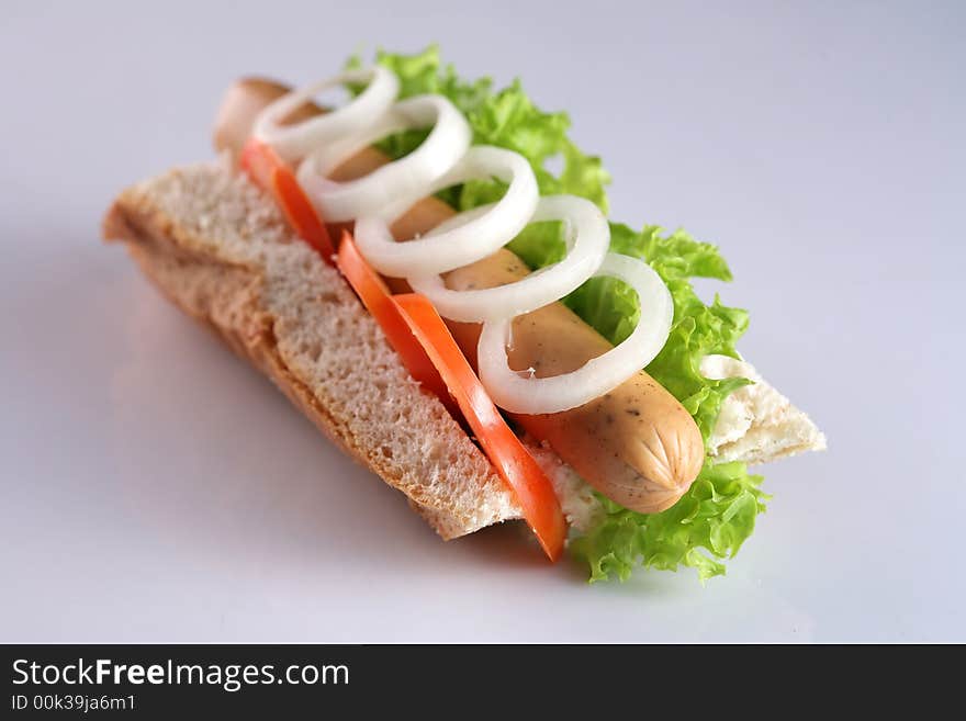 Frankfurter hot dog with vegetable, tomato and onion ring