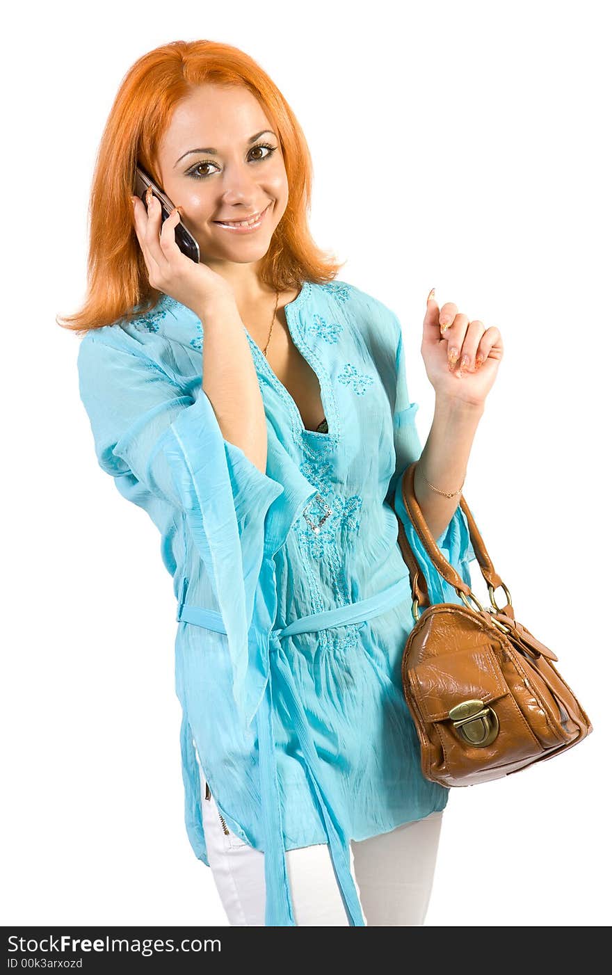 Young girl with bags and mobile phone. Isolate on white background.