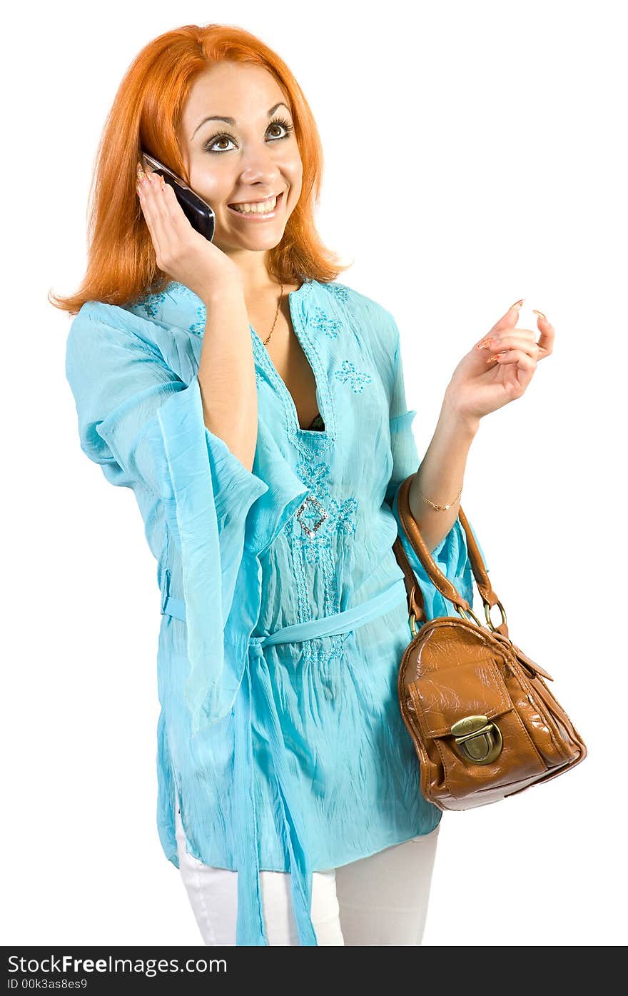 Young girl with bags and mobile phone. Isolate on white background.