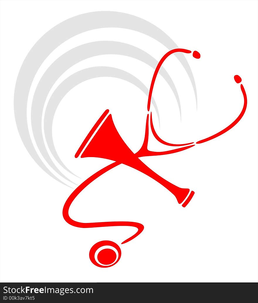 The red stylized stethoscope and tube on a background of a symbol of medicine.