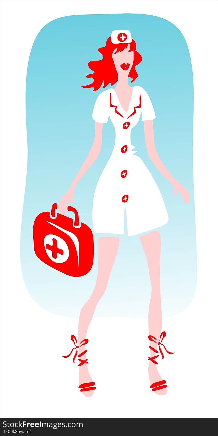 The stylized image of the nurse in the medical uniform with a small suitcase in a hand. The stylized image of the nurse in the medical uniform with a small suitcase in a hand.