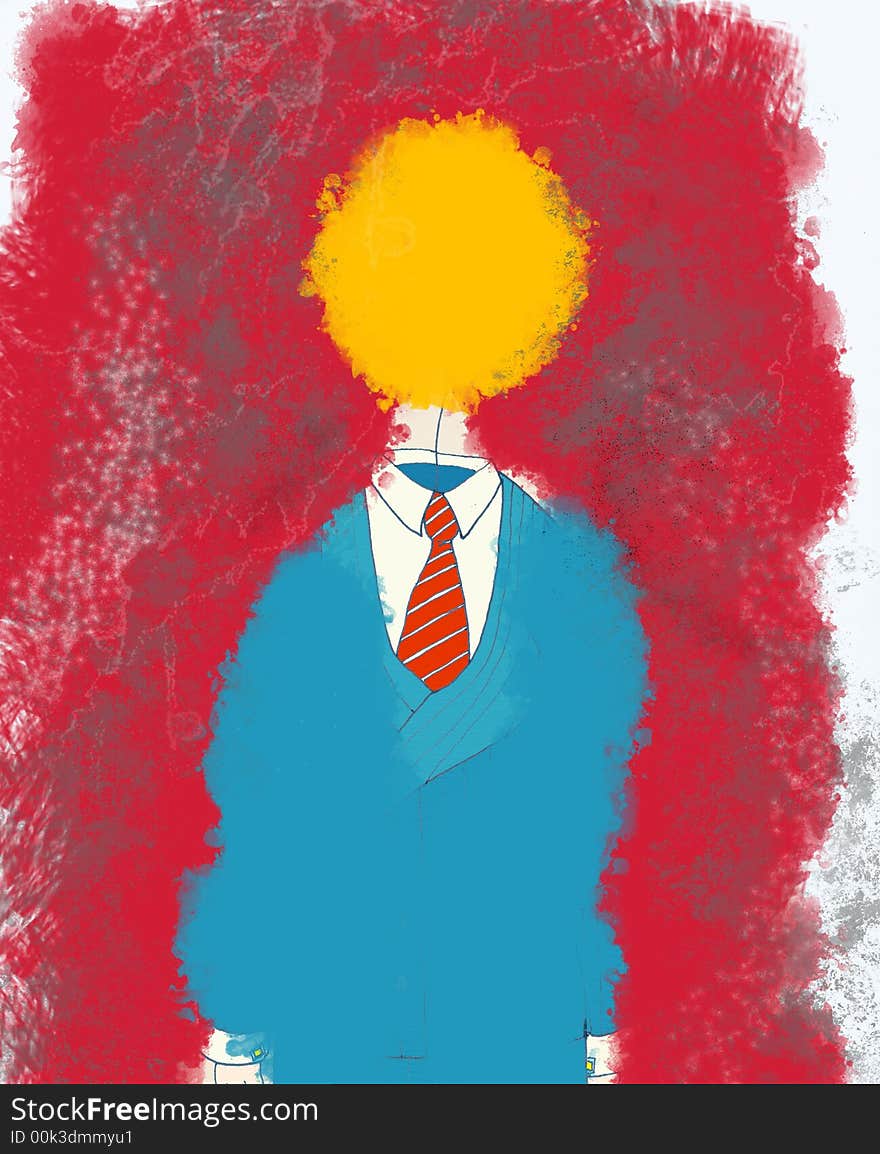 Man's blue suit with red tie with yellow balloon in place of human head and red background around suit. Man's blue suit with red tie with yellow balloon in place of human head and red background around suit