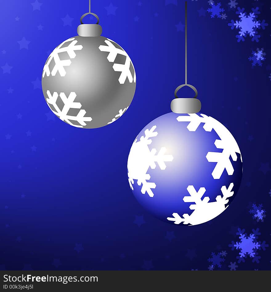 Shiny blue and silver christmas ornaments against blue background with star and snowflake trim. Shiny blue and silver christmas ornaments against blue background with star and snowflake trim.