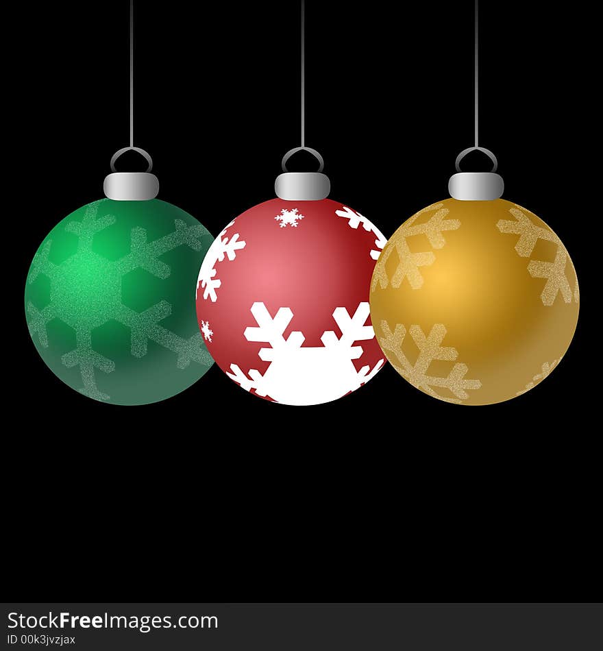 Three shiny Christmas ornaments in red, green, and gold with snowflakes against black background. Three shiny Christmas ornaments in red, green, and gold with snowflakes against black background.