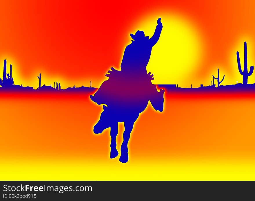 Cowboy on horseback leading out into the desert in orange sky. Cowboy on horseback leading out into the desert in orange sky.