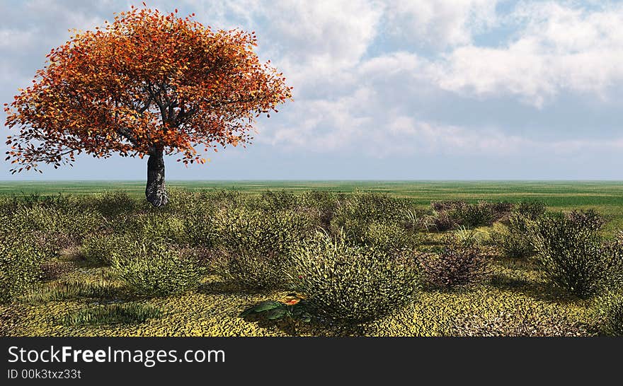 Alone tree and beautiful sky with clouds  - 3d landscape scene. Alone tree and beautiful sky with clouds  - 3d landscape scene.