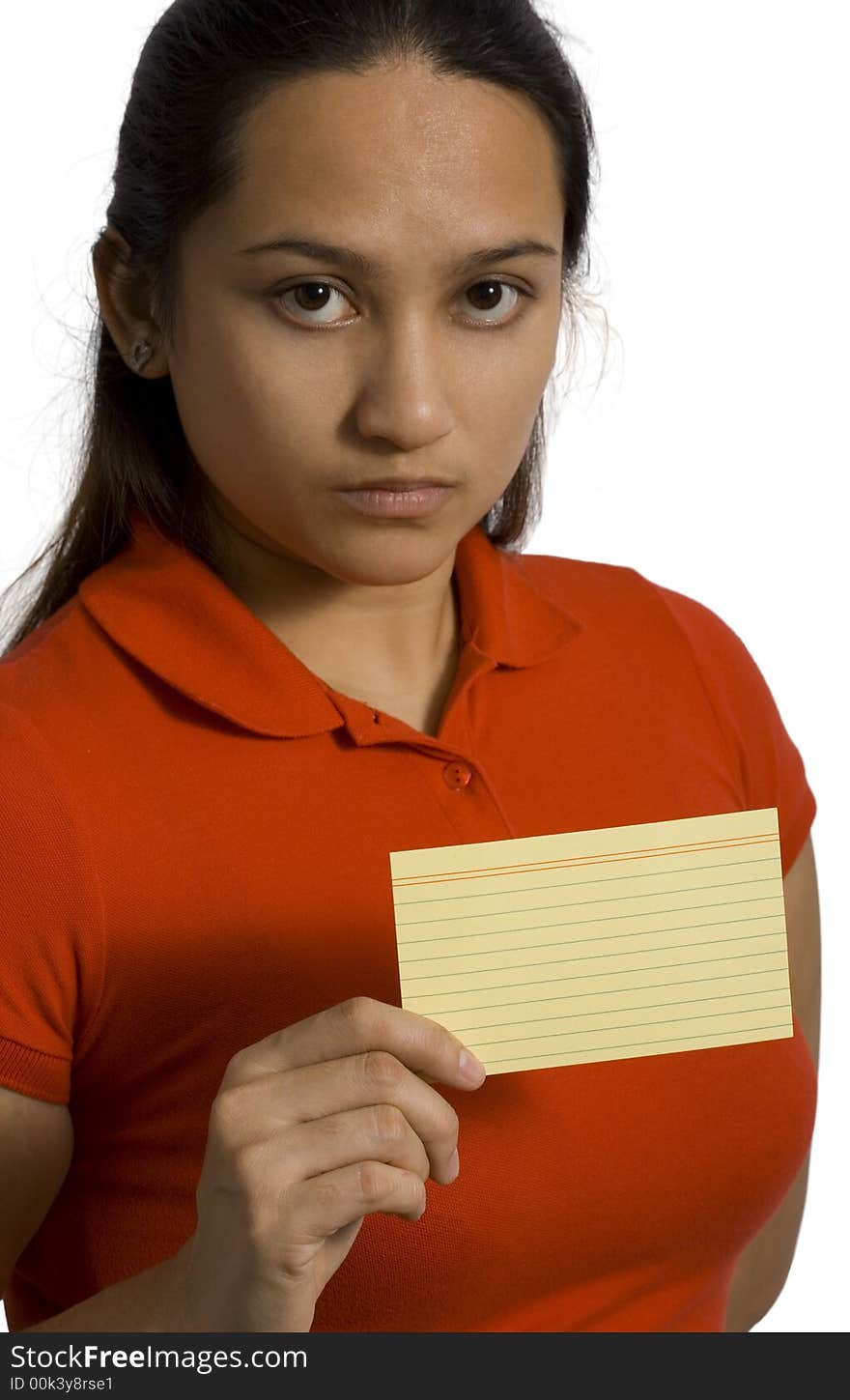 A young woman holding empty card over white background. A young woman holding empty card over white background