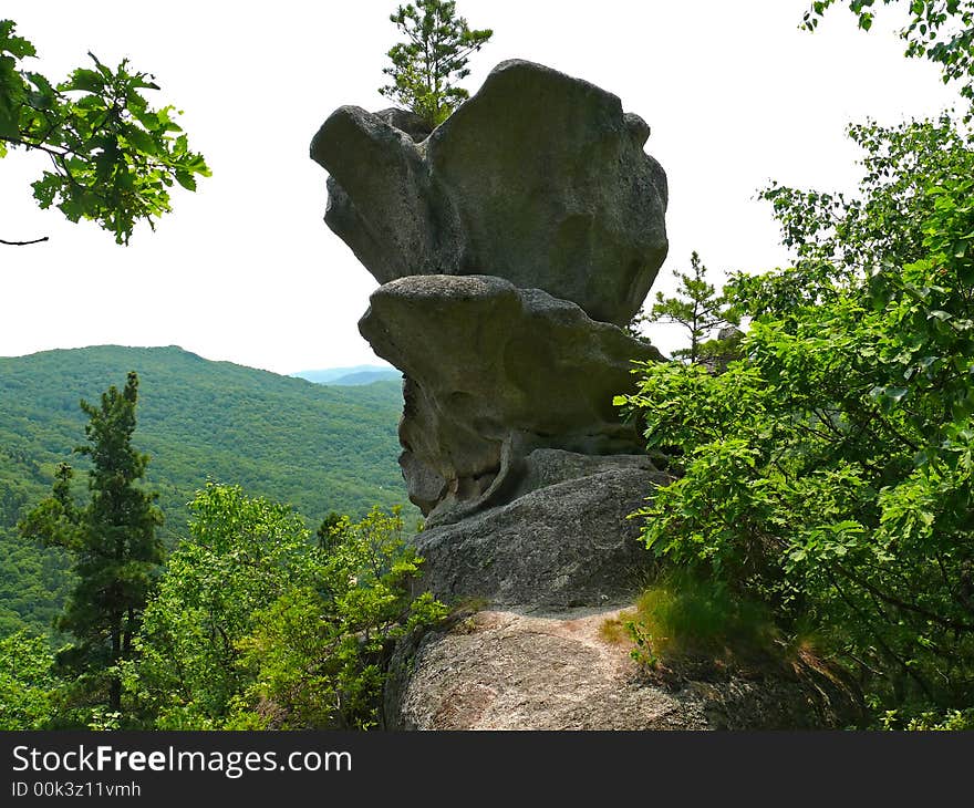 The huge granite grey rock among forest. The form of rock is as huge stone flower. Russian Far East, Primorye. The huge granite grey rock among forest. The form of rock is as huge stone flower. Russian Far East, Primorye.