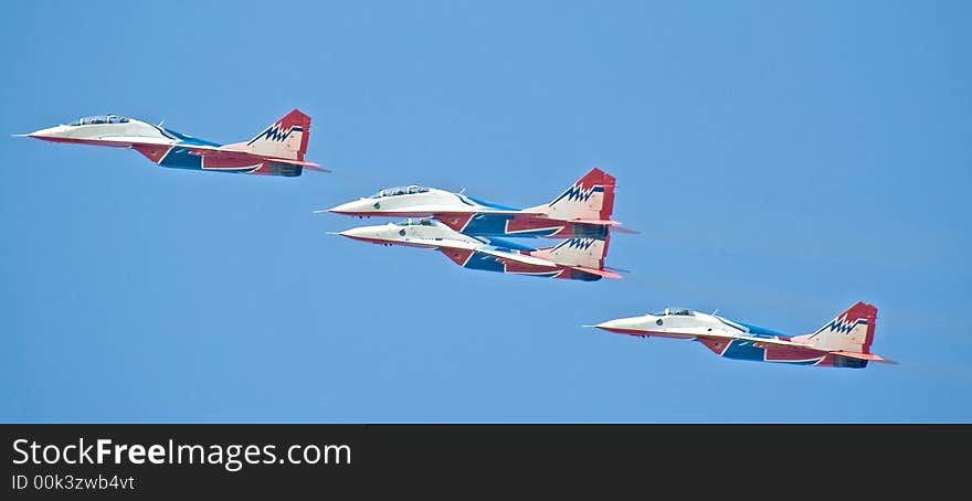 MIG-29 interceptors. Flying group Swifts. Fly-past at 95th anniversary of Russian Air Force. 11 August 2007. MIG-29 interceptors. Flying group Swifts. Fly-past at 95th anniversary of Russian Air Force. 11 August 2007