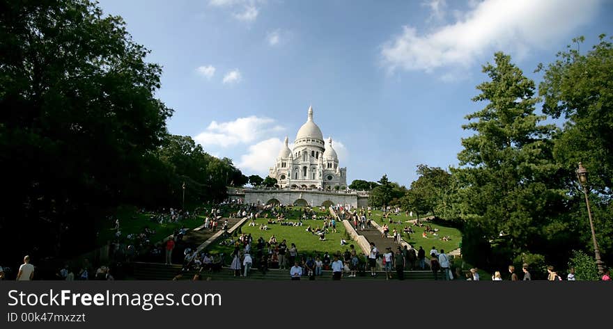 Panoramic view of Sacre Coeur in Paris, horizontal view, sunny day