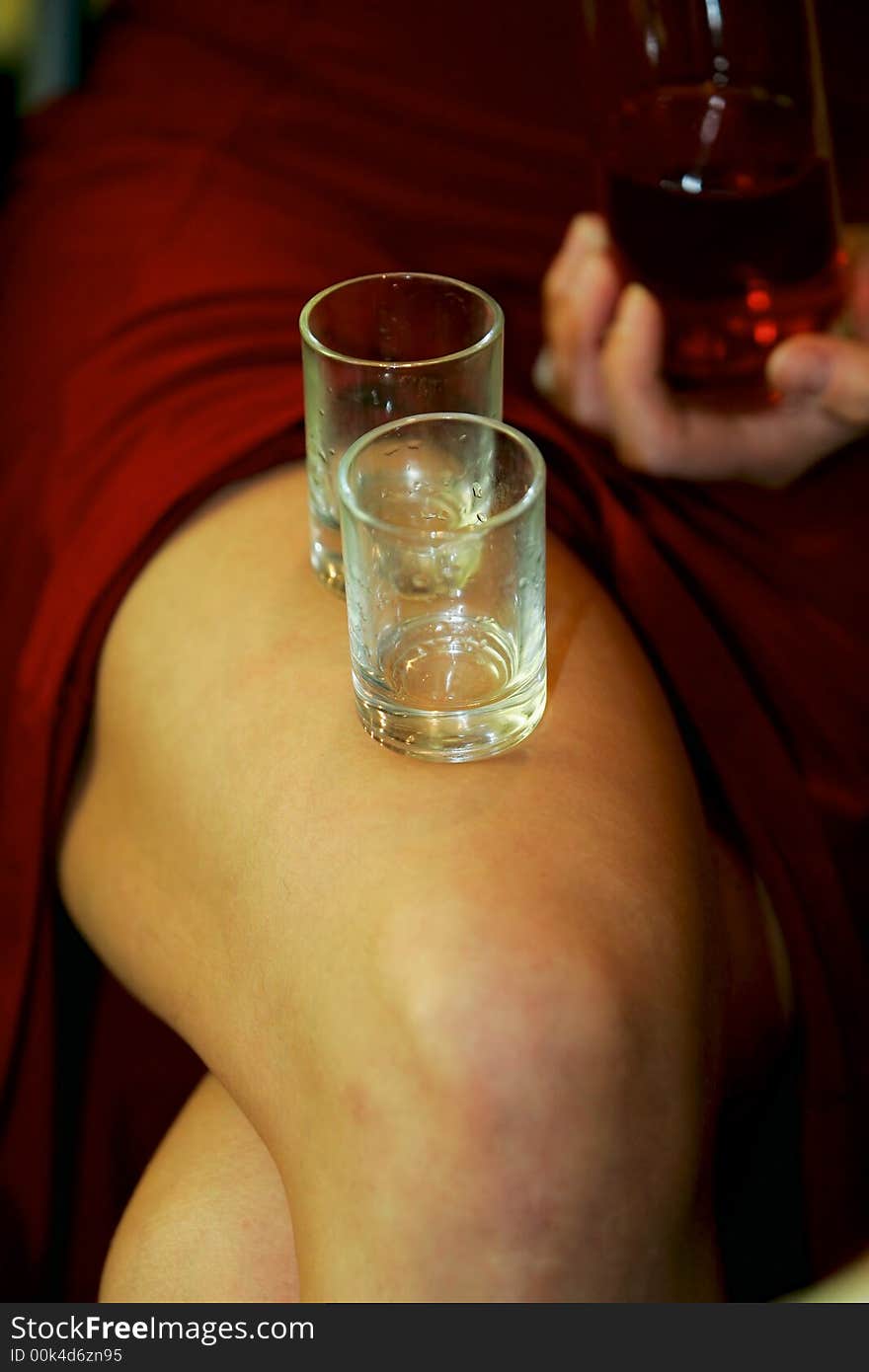 On a female knee costs two glasses. On a female knee costs two glasses