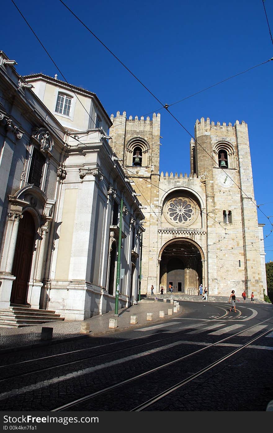 Low angle view of Se Cathedral in Lisbon, Portugal.