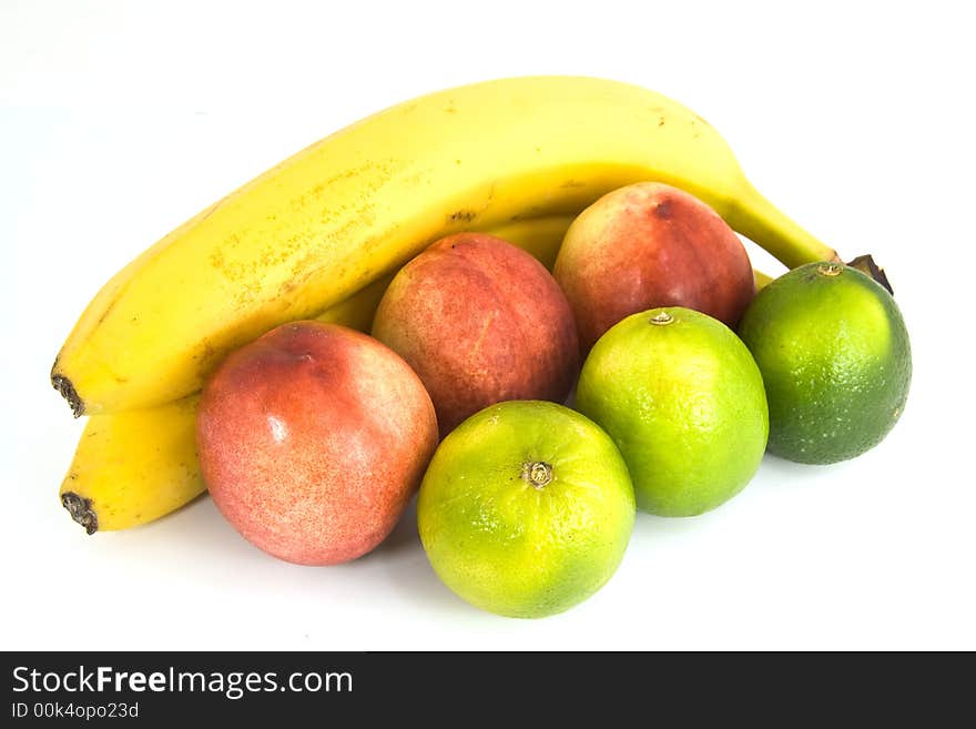 Regular Bananas, peaches, lemons all isolated over white background. Regular Bananas, peaches, lemons all isolated over white background