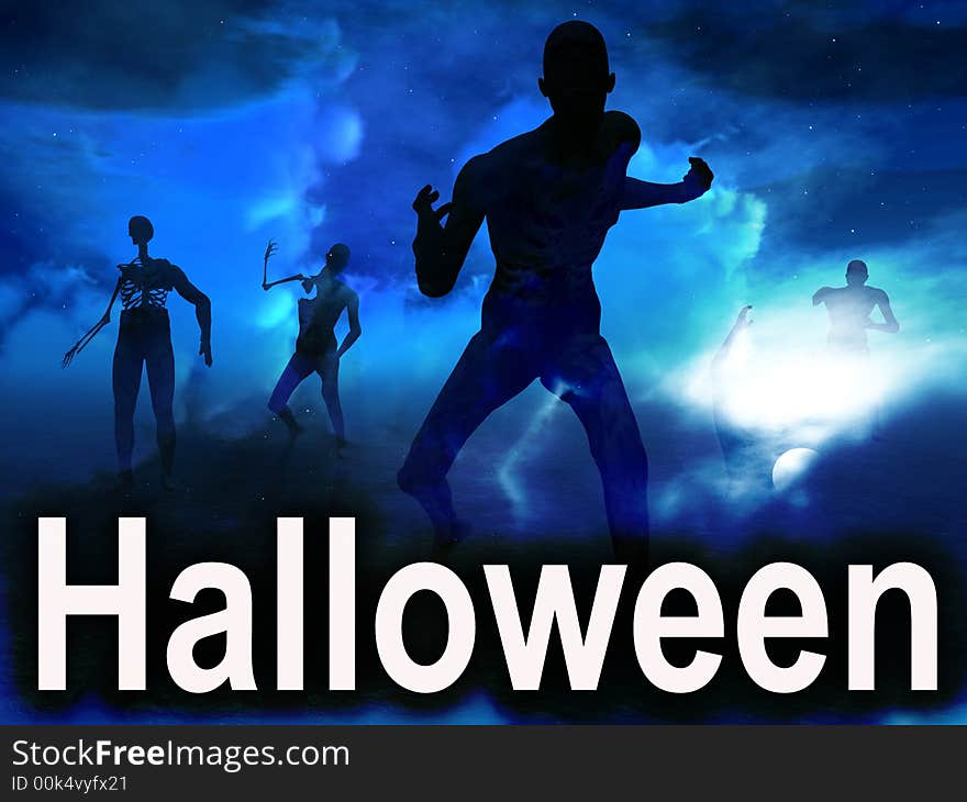 An image of some zombies with some nightime clouds behind them, with the word Halloween in the foreground. An image of some zombies with some nightime clouds behind them, with the word Halloween in the foreground.