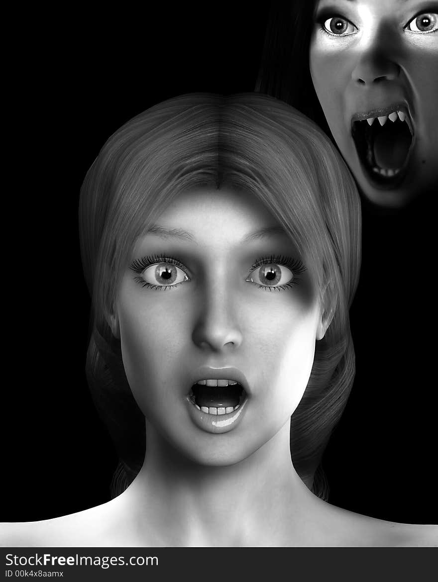 A conceptual  image of a women in a state of fear,shock or pain as their is a vamp behind her, it would make a good seasonal image for Halloween. A conceptual  image of a women in a state of fear,shock or pain as their is a vamp behind her, it would make a good seasonal image for Halloween.