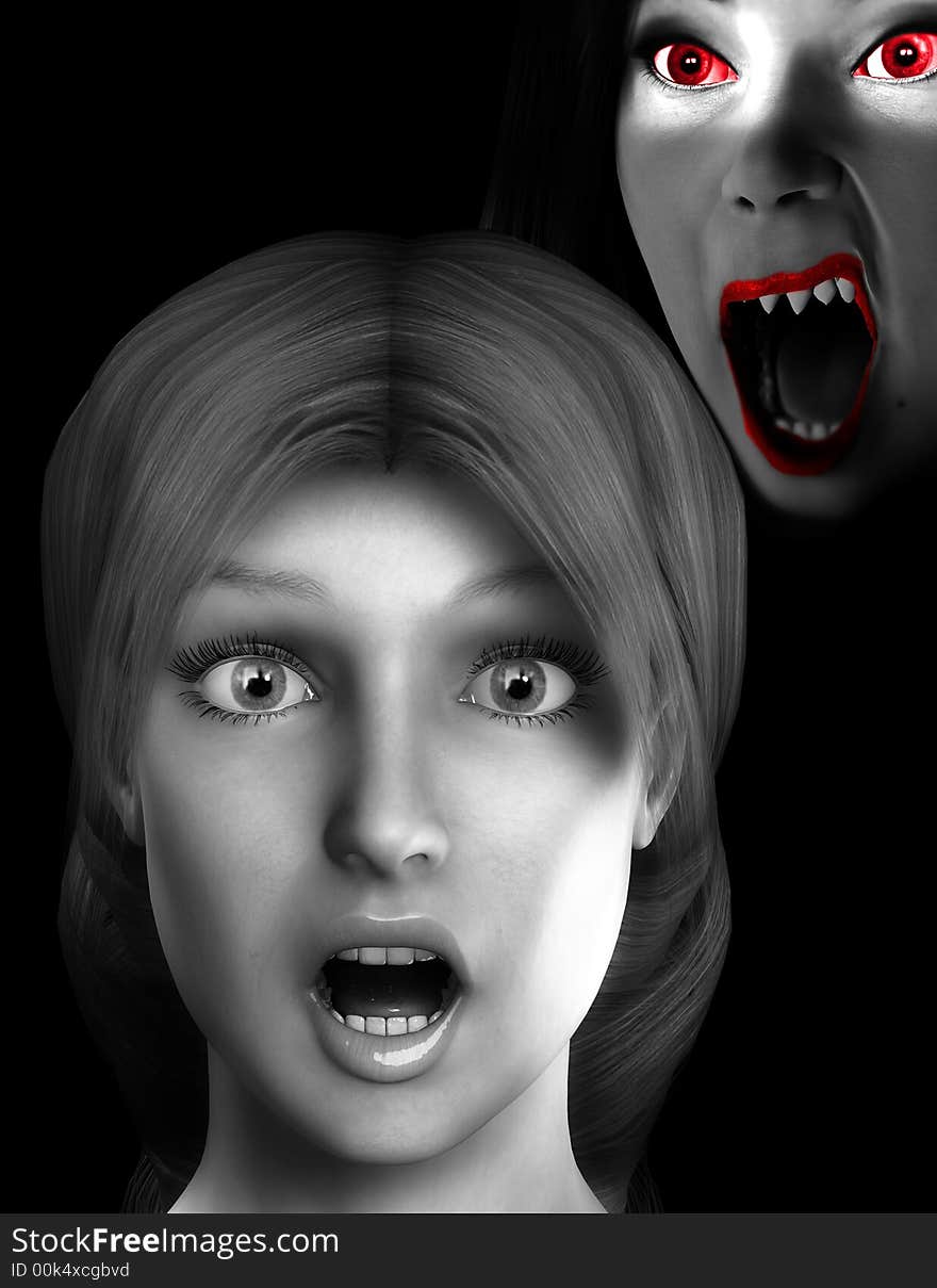 A conceptual  image of a women in a state of fear,shock or pain as their is a vamp behind her, it would make a good seasonal image for Halloween. A conceptual  image of a women in a state of fear,shock or pain as their is a vamp behind her, it would make a good seasonal image for Halloween.