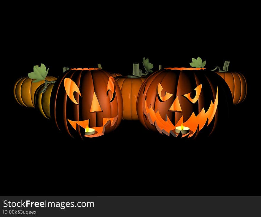 Computer-generated 3D graphic depicting Halloween Jack-O-Lanterns. Computer-generated 3D graphic depicting Halloween Jack-O-Lanterns