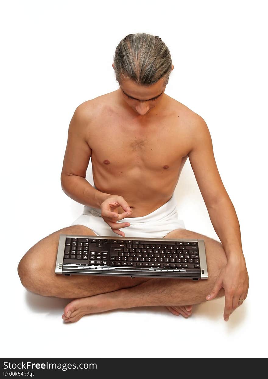 Man on white background in yoga position. Man on white background in yoga position