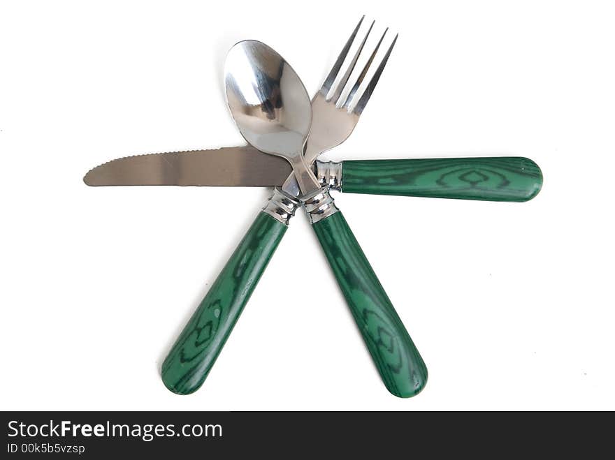 A fork, knife, and spoon on white with clipping paths. A fork, knife, and spoon on white with clipping paths.