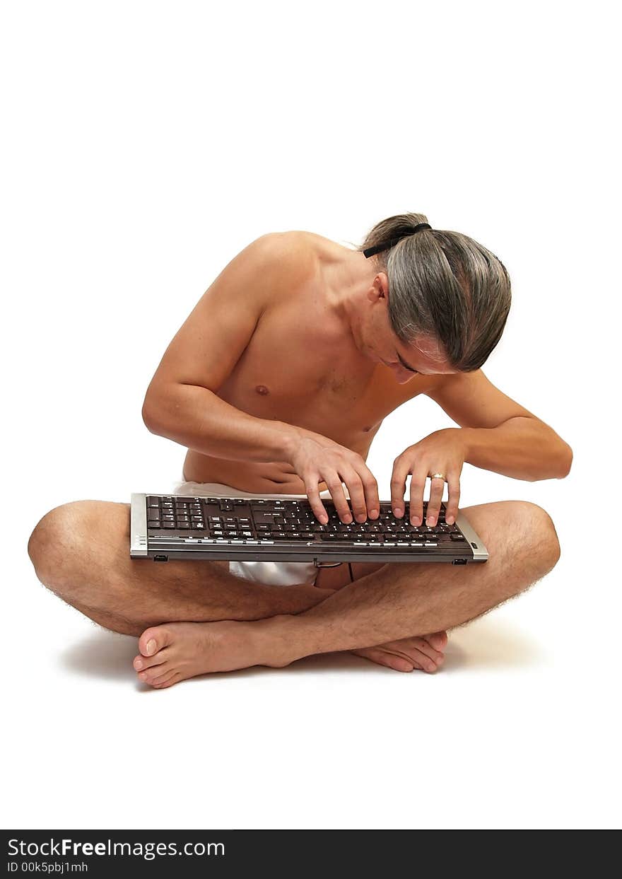 Man on white background with a keyboard