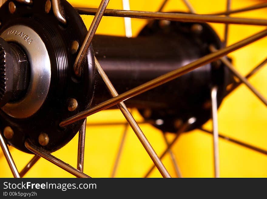 A front hub of bicycle wheel. A front hub of bicycle wheel.