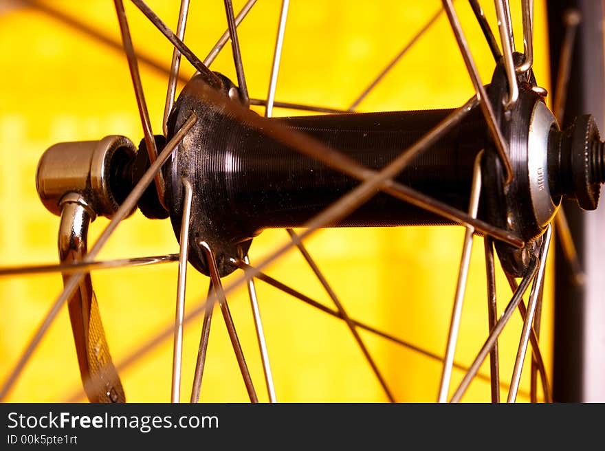 A front hub of bicycle wheel. A front hub of bicycle wheel.