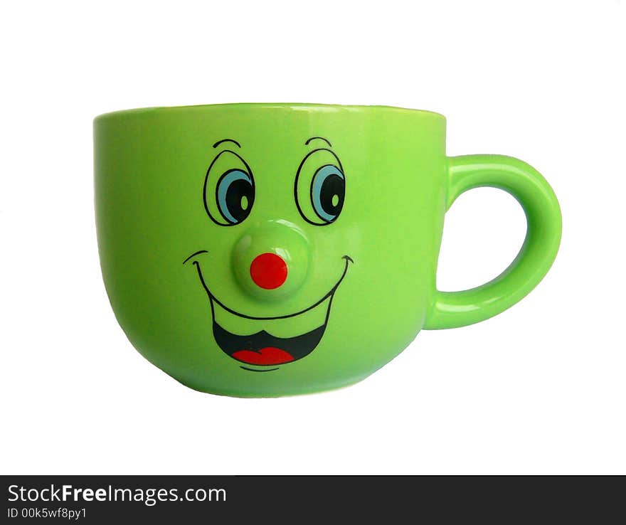 Green cup with smile on white background.