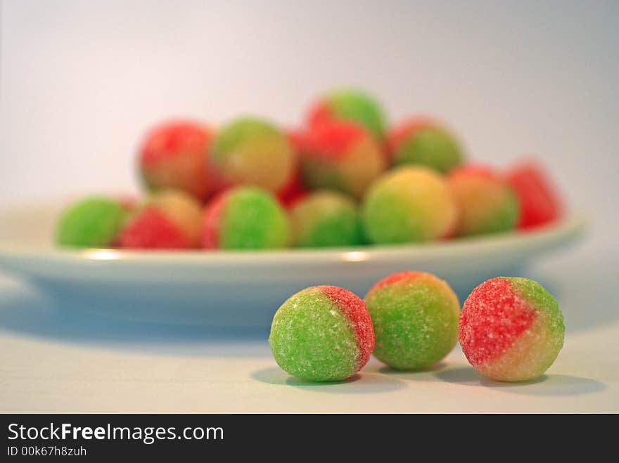 Red, yellow and green coloured boiled sweets. Red, yellow and green coloured boiled sweets