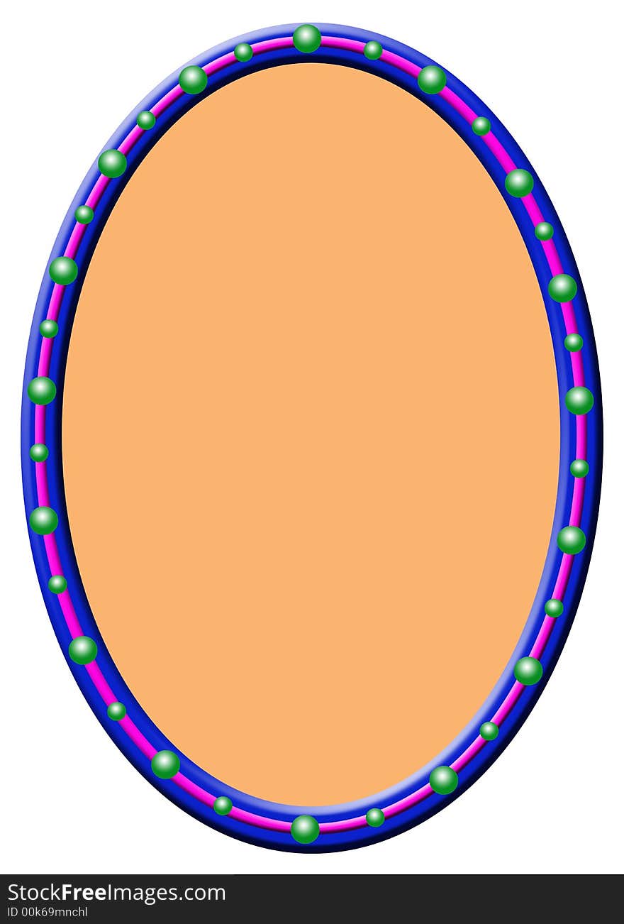 An blue-pink oval frame with green balls aound, in the middle an orange frame for filling with text. An blue-pink oval frame with green balls aound, in the middle an orange frame for filling with text