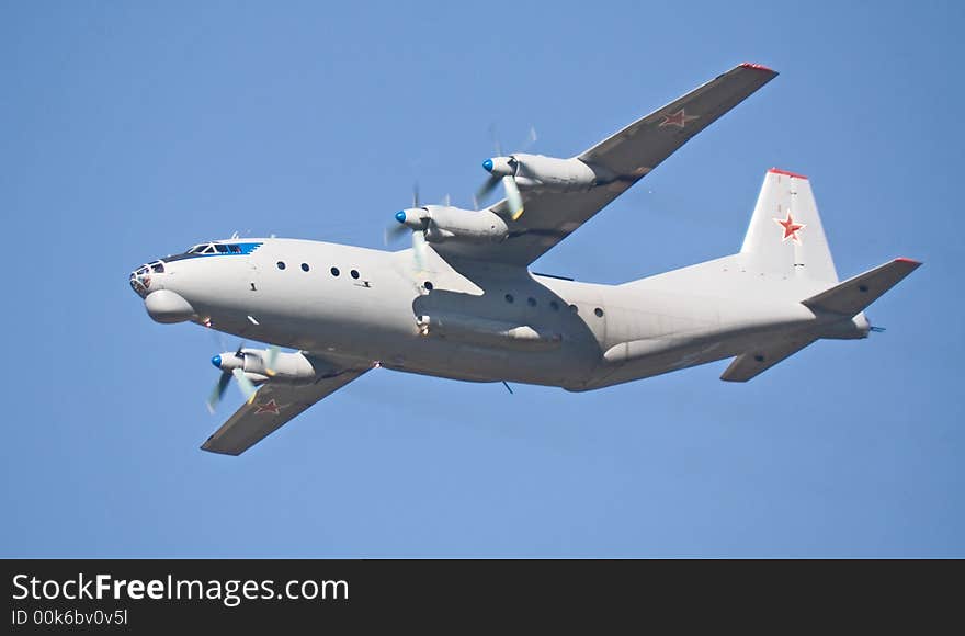 Antonov-12 troop-carrier. Fly-past at 95th anniversary of Russian Air Force. 11 August 2007. Antonov-12 troop-carrier. Fly-past at 95th anniversary of Russian Air Force. 11 August 2007