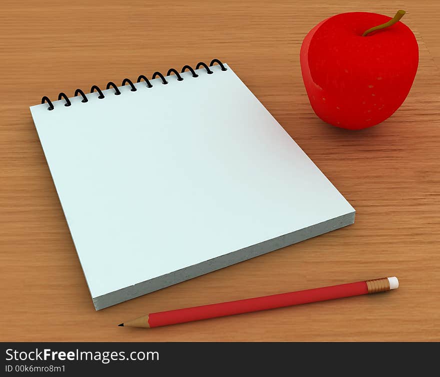 pencil , notepad and apple on wooden table