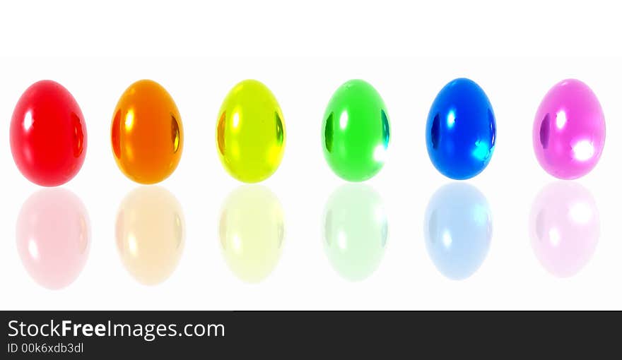 Brightly colored Easter eggs on a reflective surface. Brightly colored Easter eggs on a reflective surface.