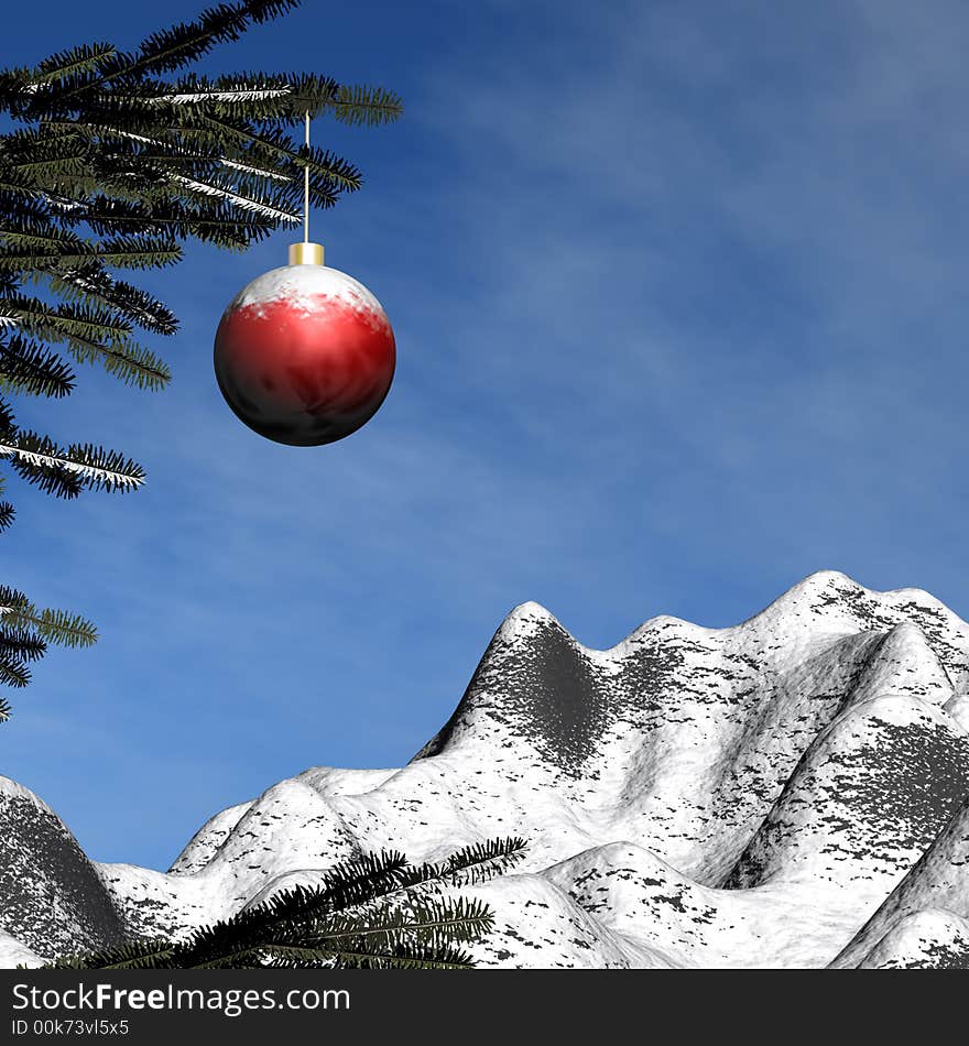 A sparkling xmas ball hanging from a fir tree with snowy mountains on the background. A sparkling xmas ball hanging from a fir tree with snowy mountains on the background.