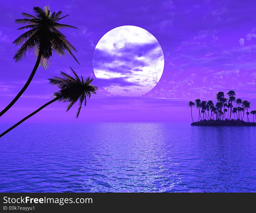 Sunset coconut palm trees on small island - 3d illustration.