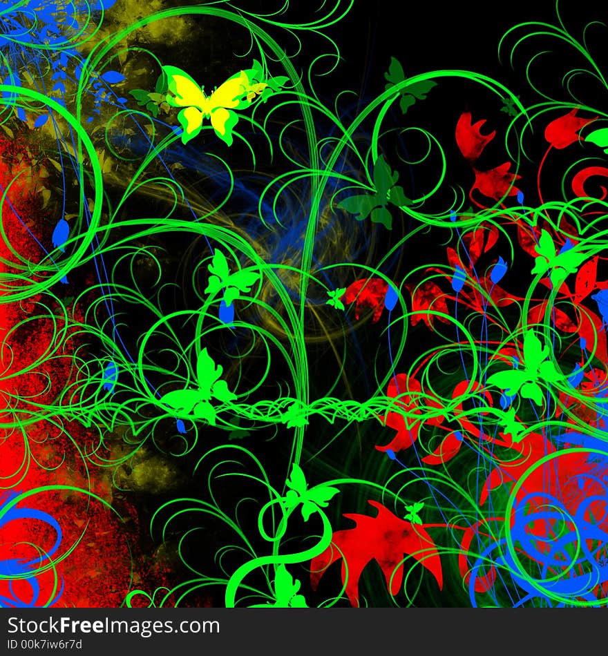 Black background, with bright green yellow and red butterflies and swirls. Floral motifs. Black background, with bright green yellow and red butterflies and swirls. Floral motifs