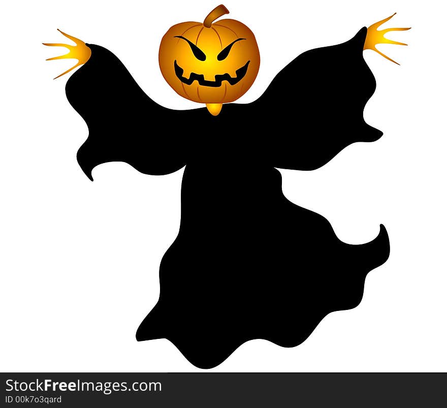 A clip art illustration of a jack-o-lantern pumpkin wearing a black cape and flying through the air. Isolated on white background. A clip art illustration of a jack-o-lantern pumpkin wearing a black cape and flying through the air. Isolated on white background