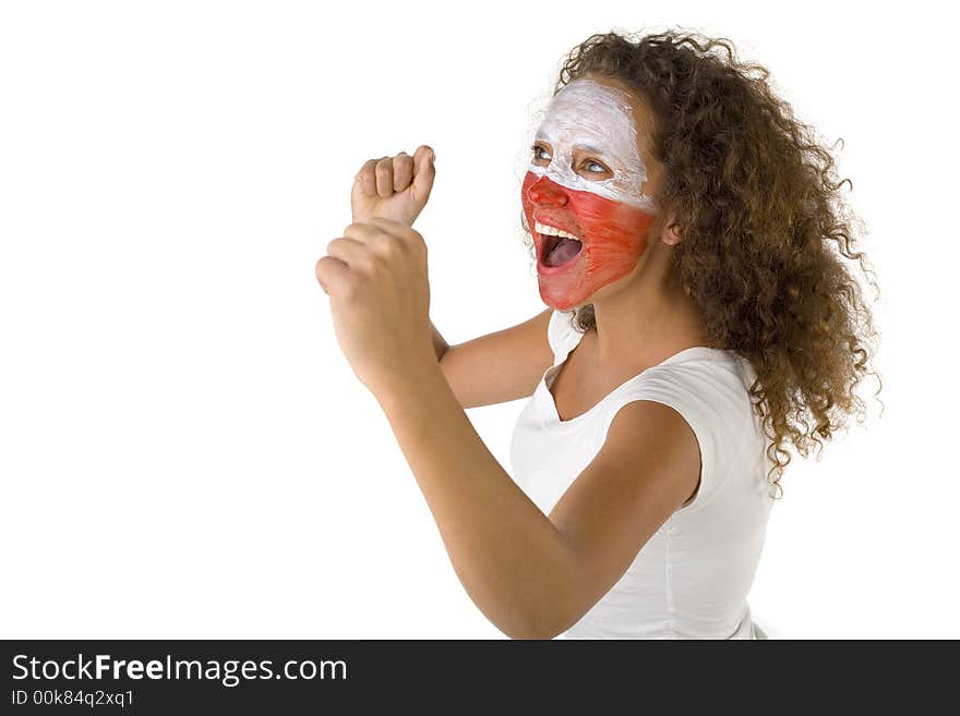 Young female screaming fan with painted Polish flag on face. She's on white background. Side view. Young female screaming fan with painted Polish flag on face. She's on white background. Side view.